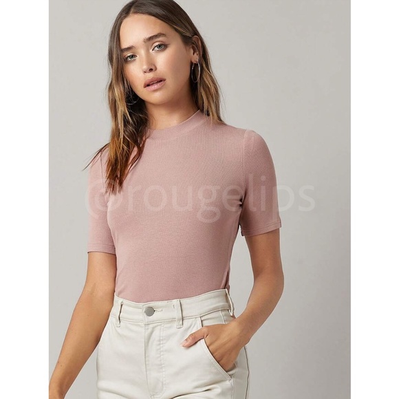 Dusty Pink Rib-Knit High Neck Short Sleeve Slim Fit Top Shirt - Picture 5 of 8